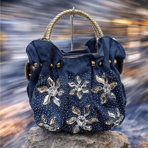 Embellished Dark Blue Denim Shoulder Bag with Gold Braided Handle